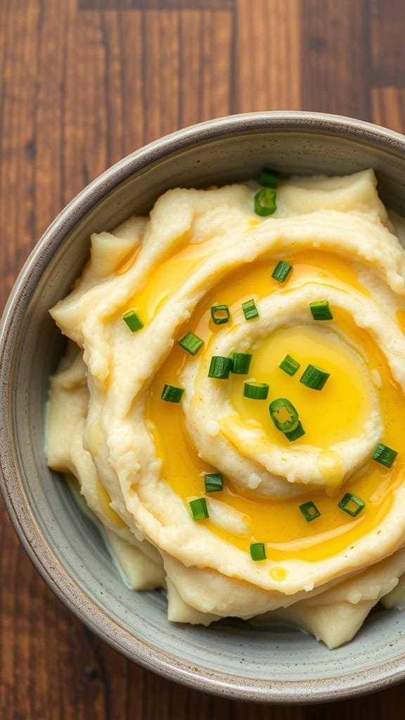 A bowl of champ, featuring creamy mashed potatoes topped with melted butter and chopped green onions.