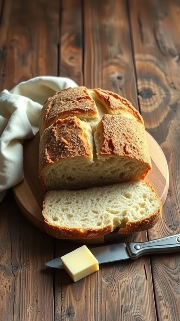 A loaf of Irish soda bread sliced on a wooden board with a pat of butter and a knife.