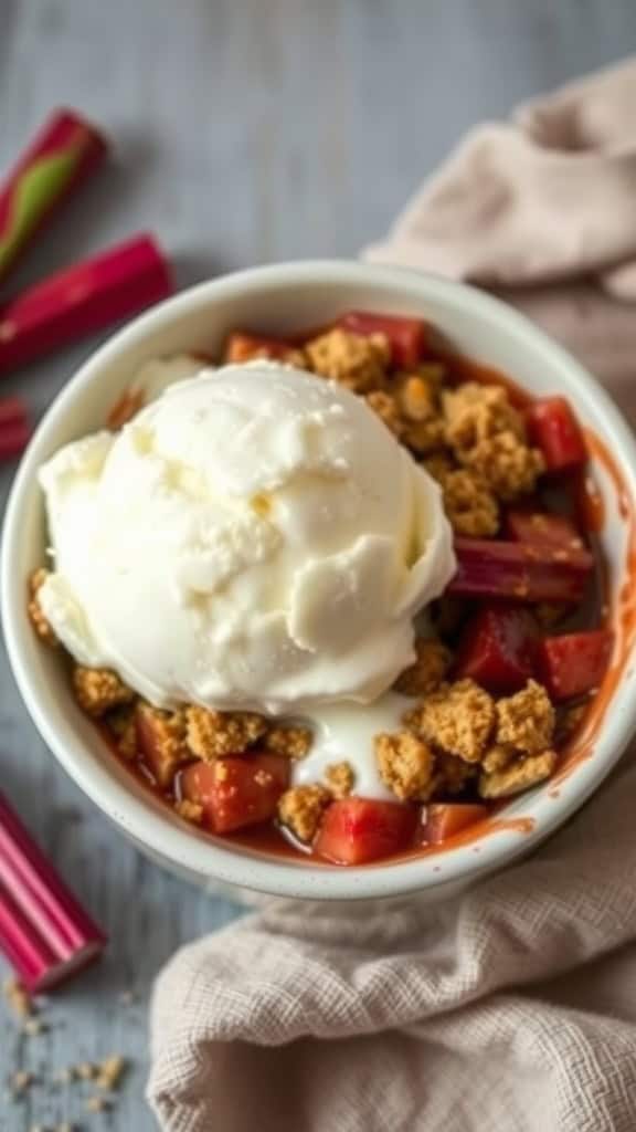 A bowl of rhubarb crumble topped with a scoop of vanilla ice cream.