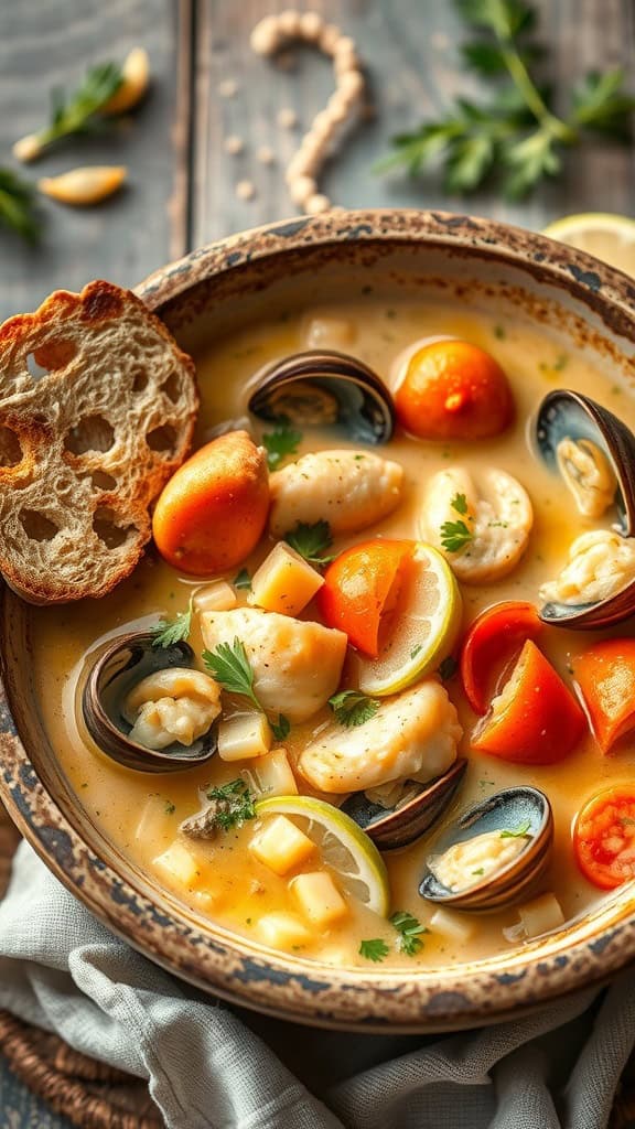 A bowl of seafood chowder with shrimp, fish, and bread on the side.