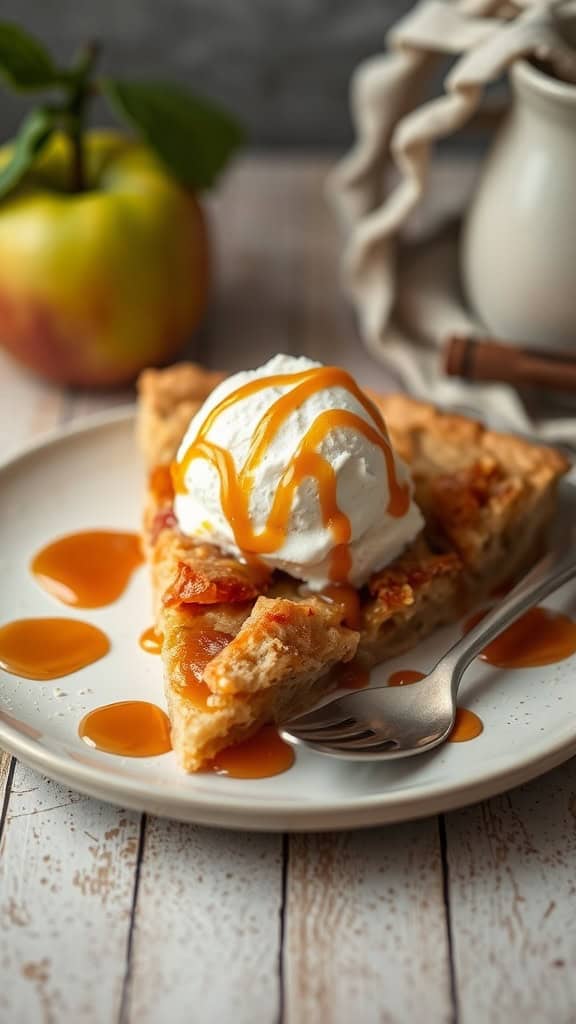 A slice of apple tart topped with ice cream and caramel sauce on a plate.