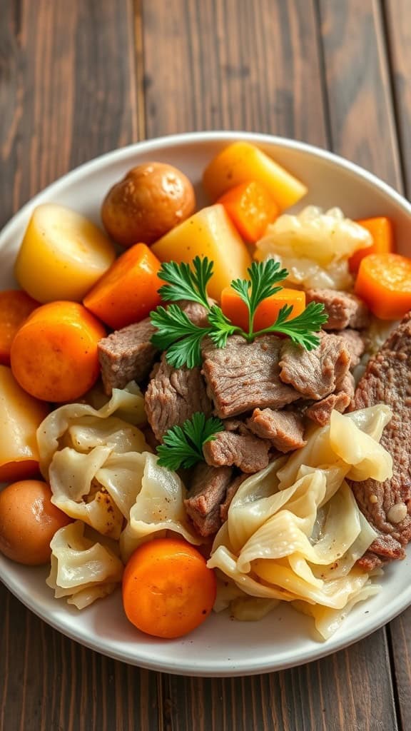 A plate of corned beef and cabbage with potatoes and carrots.