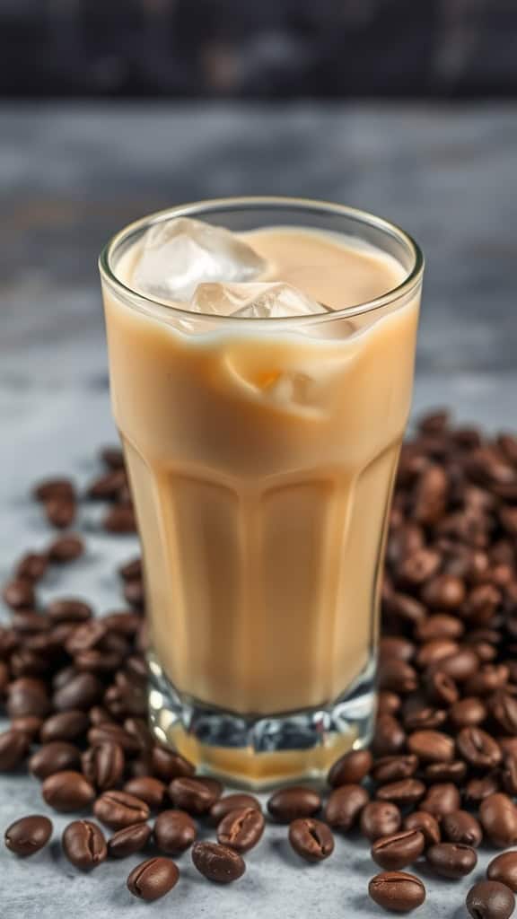 A glass of Irish cream liqueur with ice, surrounded by coffee beans.