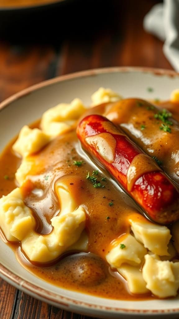 A plate of bangers and mash with sausages, mashed potatoes, and gravy.