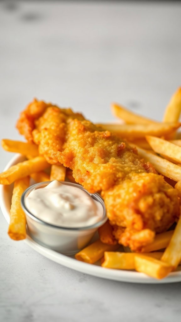 A plate of crispy fish and golden fries served with tartar sauce.