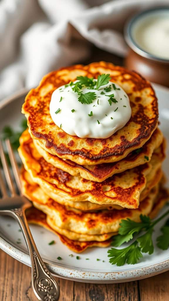 A stack of golden-brown potato pancakes topped with sour cream and garnished with parsley.