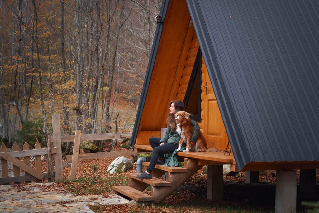 A hiker sits on the steps of a wooden cabin with a Nova Scotia Duck Tolling Retriever and a Jack Russell Terrier. The autumn woods and cozy setting offer a peaceful escape.
