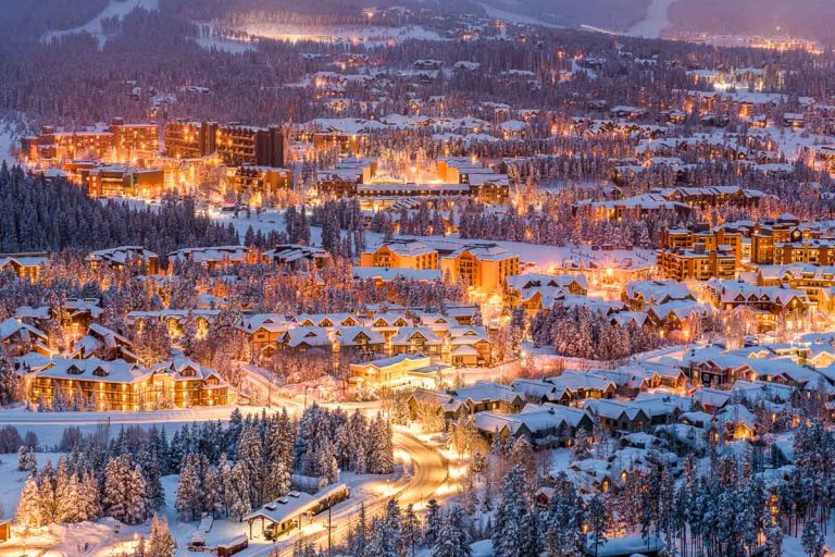 Breckenridge, Colorado, USA town skyline in winter at dusk.