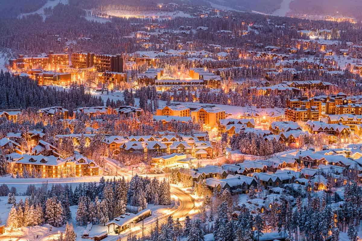 Breckenridge, Colorado, USA town skyline in winter at dusk.