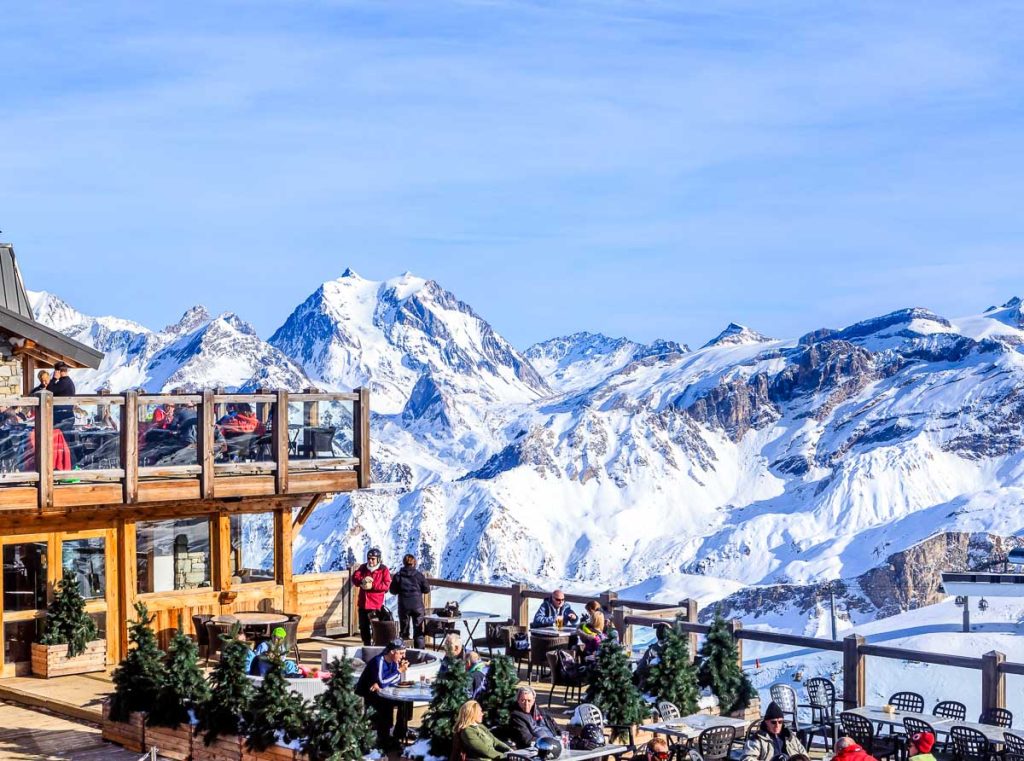 Restaurant in the mountains.Ski Resort Courchevel in wintertime. France