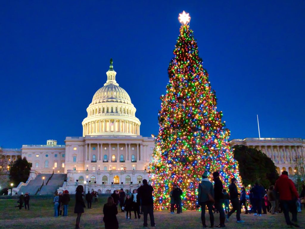 The United States Capitol with the Christmas tree in front of it surrounded by people during the night