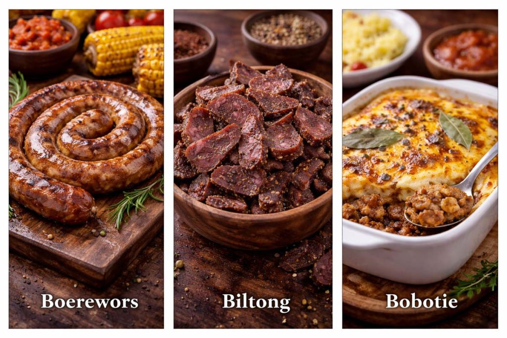 South African Traditional Food - boerewors sausage coiled on a wooden board, sliced biltong dried meat in a bowl, and bobotie baked minced meat dish with egg topping