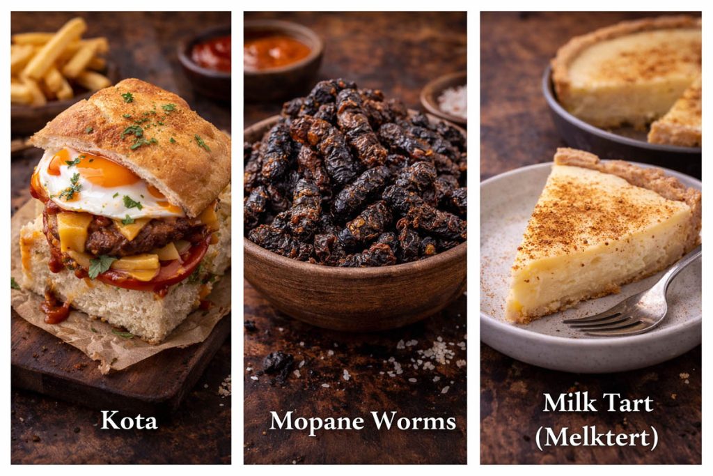 South African Traditional Food - kota sandwich filled with fries and meat, a bowl of mopane worms, and a slice of milk tart with cinnamon