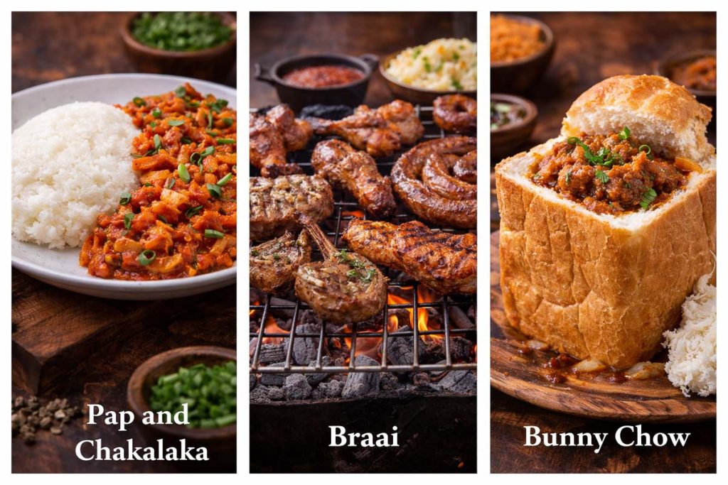 South African Traditional Food - pap with chakalaka vegetable relish, a braai grill with assorted meats over open flames, and bunny chow bread filled with curry