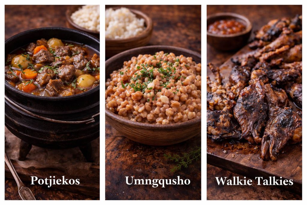 South African Traditional Food - potjiekos stew in a cast iron pot with meat and vegetables, umngqusho made with samp and beans in a bowl, and walkie talkies grilled chicken feet and heads