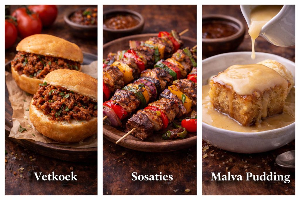 South African Traditional Food - vetkoek fried bread filled with minced meat, sosaties skewers with grilled meat and vegetables, and malva pudding topped with warm sauce