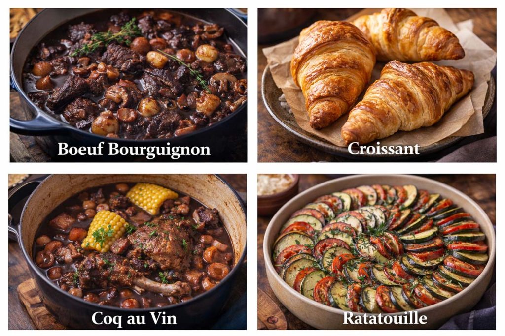 Traditional French Food - boeuf bourguignon beef stew with mushrooms and onions, flaky croissants on a plate, coq au vin chicken braised in wine with vegetables, and ratatouille