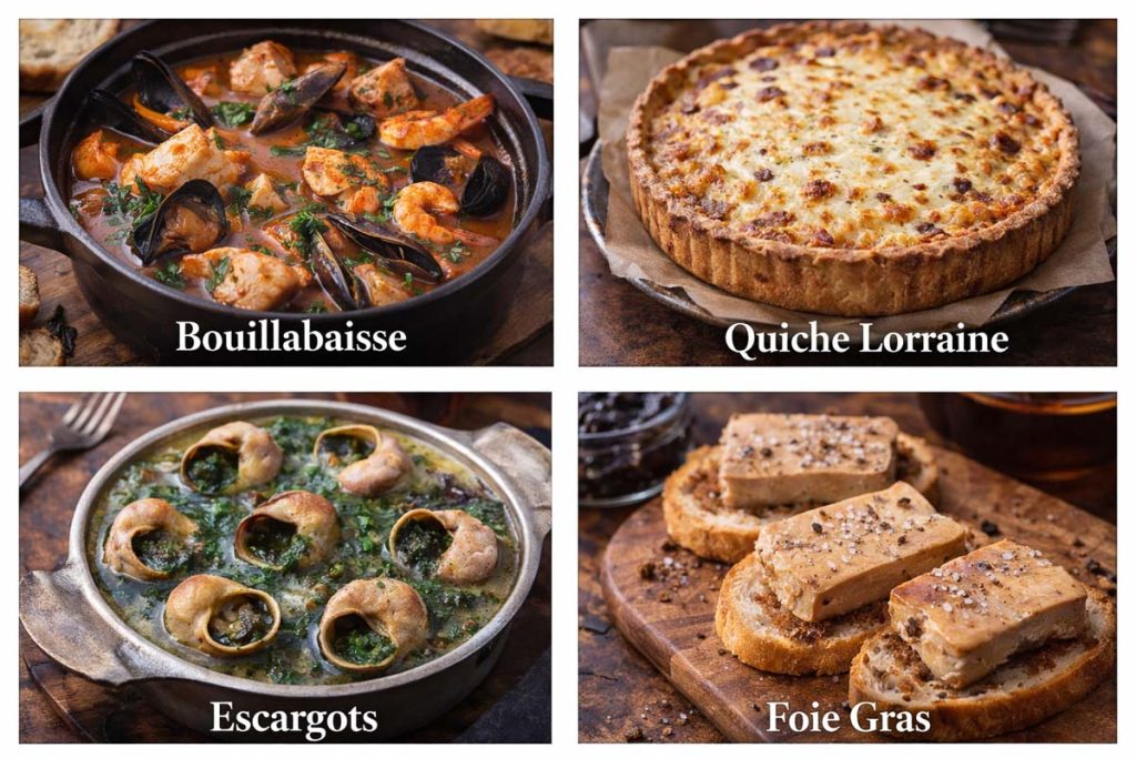 Traditional French Food - bouillabaisse seafood stew with shellfish and herbs, quiche lorraine with a golden crust and bacon filling, escargots cooked in garlic butter, and foie gras