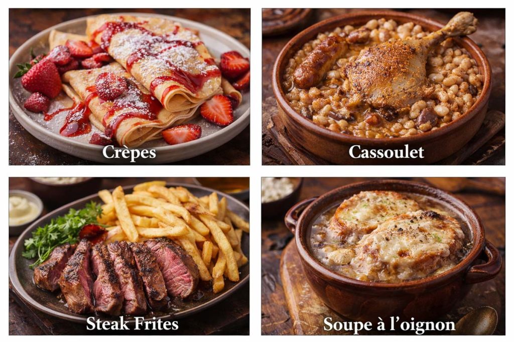 Traditional French Food - crêpes filled with strawberries and powdered sugar, cassoulet with beans and meats, steak frites with sliced steak and fries, and soupe à l’oignon topped with melted cheese