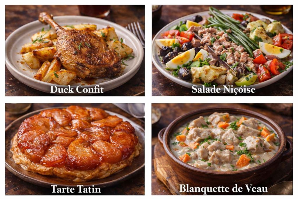 Traditional French Food - duck confit, salade niçoise, tarte tatin apple tart, and blanquette de veau