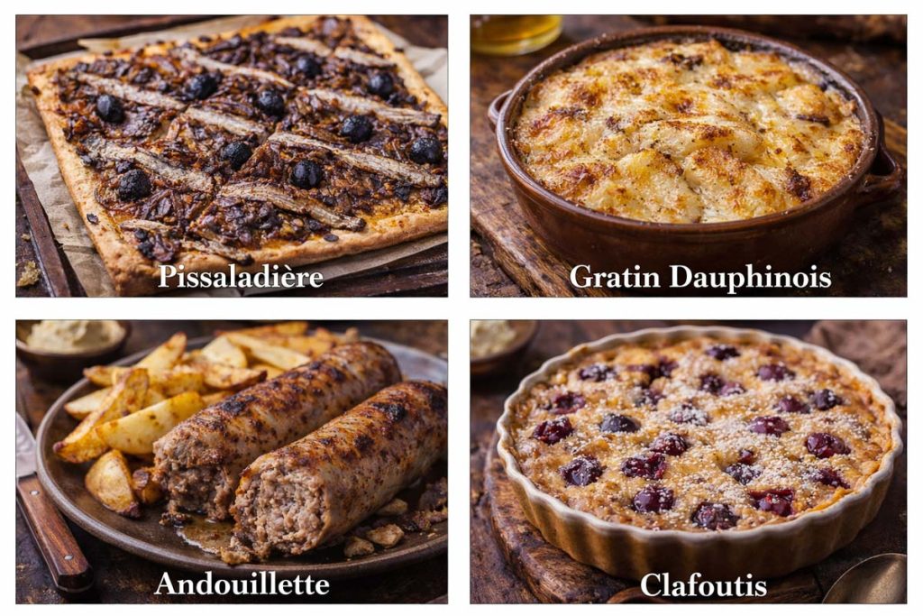 Traditional French Food - pissaladière, gratin dauphinois, andouillette sausage served with mustard and potatoes, and clafoutis