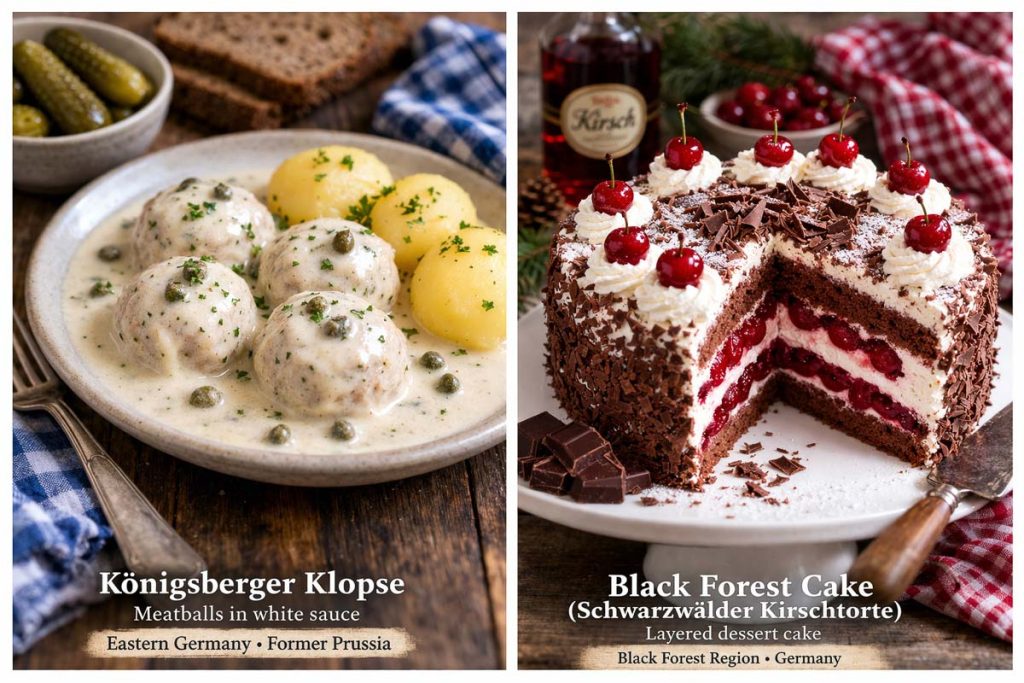 Traditional German Food - Königsberger Klopse meatballs, and a sliced Black Forest cake