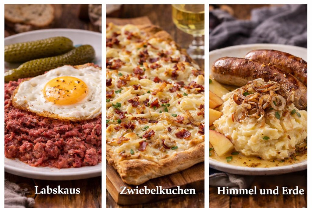Traditional German Food - Labskaus, a golden onion tart Zwiebelkuchen with bacon, and Himmel und Erde