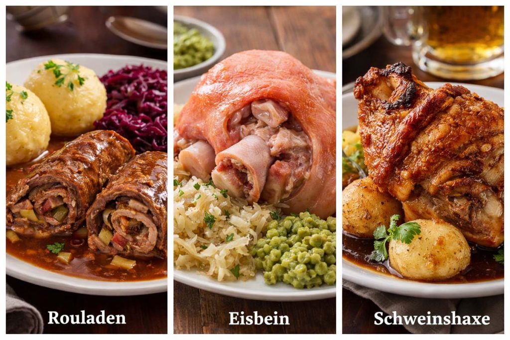 Traditional German Food - Rouladen, Eisbein pork knuckle, and crispy roasted Schweinshaxe