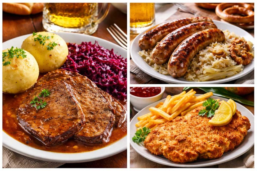 Traditional German Food - Sauerbraten with gravy, red cabbage, and dumplings, grilled bratwurst sausages served over sauerkraut, and a crispy golden schnitzel with fries and lemon slices