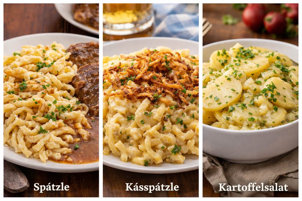 Traditional German Food - Spätzle noodles with gravy, cheesy Käsespätzle topped with crispy onions, and a bowl of Kartoffelsalat with sliced potatoes and fresh herbs