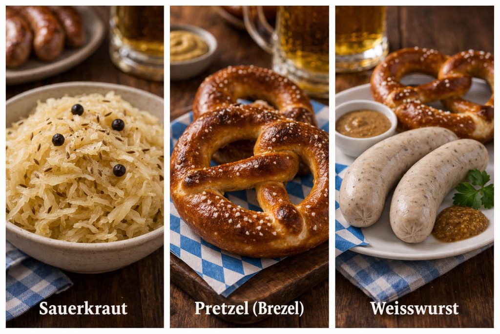 Traditional German Food - bowl of sauerkraut with caraway seeds, a golden-brown pretzel with coarse salt, and traditional Weisswurst sausages served with mustard