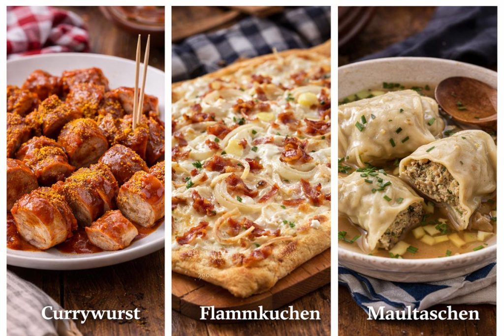 Traditional German Food - sliced currywurst covered in curry ketchup, a thin crispy flammkuchen topped with onions and bacon, and maultaschen dumplings served in broth with herbs
