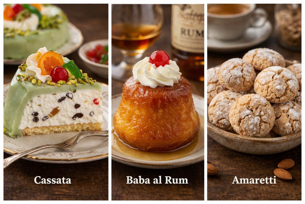 Traditional Italian Desserts - cassata cake with candied fruit, baba al rum, and amaretti cookies