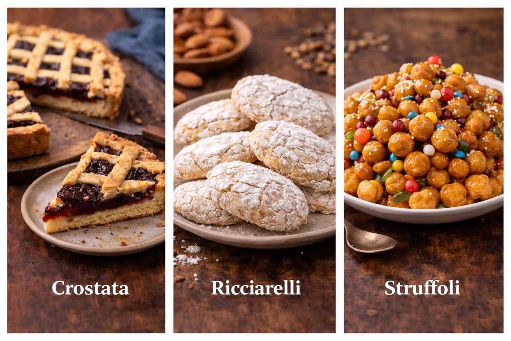 Traditional Italian Desserts - crostata with jam filling and lattice crust, ricciarelli almond cookies dusted with powdered sugar, and struffoli honey-coated dough balls