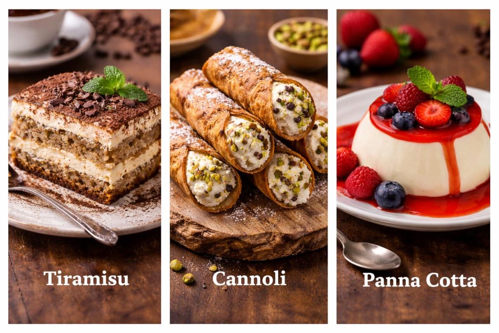 Traditional Italian Desserts - tiramisu layered with cocoa and cream, cannoli filled with ricotta and pistachios, and panna cotta topped with berries and syrup