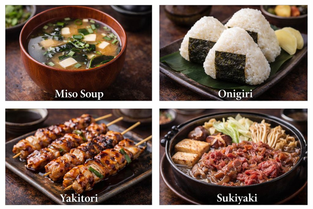 Traditional Japanese Food - miso soup with tofu and seaweed, onigiri rice balls wrapped in seaweed, yakitori grilled chicken skewers glazed with sauce, and sukiyaki hot pot