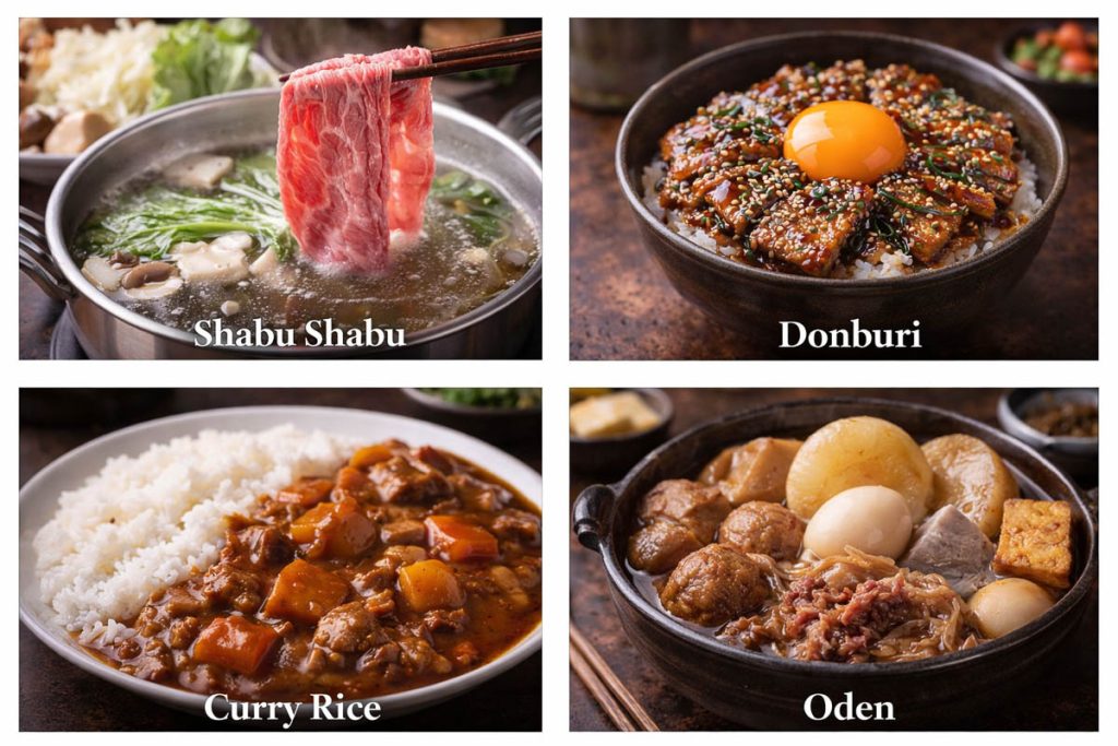 Traditional Japanese Food - shabu shabu with thin sliced beef cooking in broth, donburi rice bowl topped with meat and egg yolk, curry rice with thick Japanese curry and rice, and oden simmered ingredients