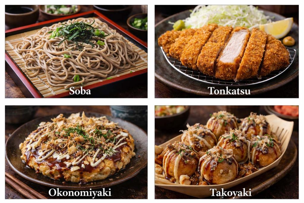 Traditional Japanese Food - soba noodles served cold with garnish, tonkatsu breaded pork cutlet sliced with cabbage, okonomiyaki savory pancake topped with sauce and flakes, and takoyaki octopus balls