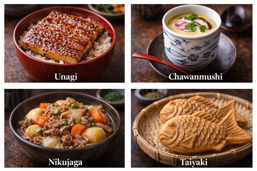 Traditional Japanese Food - unagi glazed eel over rice, chawanmushi savory egg custard in a cup, nikujaga simmered beef with potatoes and carrots, and taiyaki fish-shaped pastry