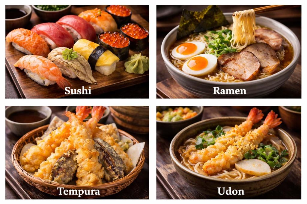 Traditional Japanese Food - sushi with assorted nigiri and rolls, ramen, tempura, and udon noodles