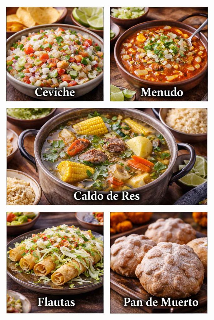 Traditional Mexican Dishes - ceviche, menudo soup, caldo de res beef soup, flautas, and pan de muerto sweet bread