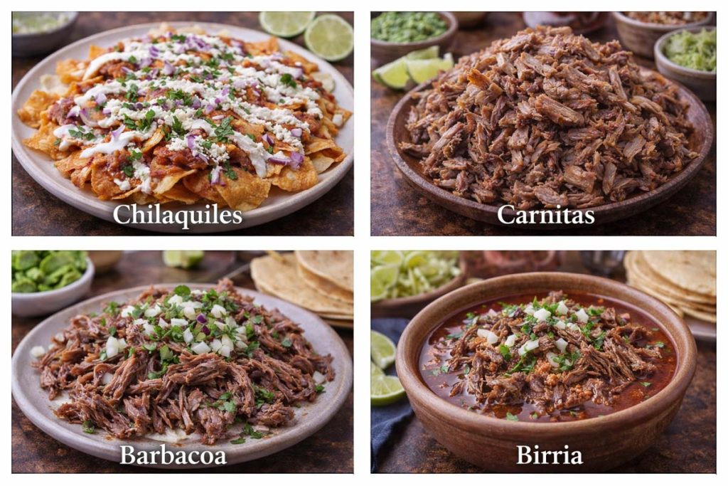 Traditional Mexican Dishes - chilaquiles, carnitas, barbacoa slow-cooked beef, and birria
