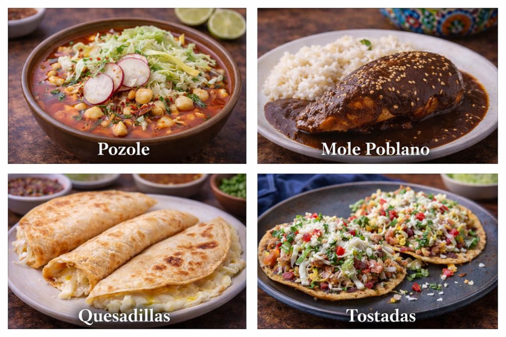 Traditional Mexican Dishes - pozole soup topped with cabbage and radishes, mole poblano chicken covered in dark sauce with sesame seeds, quesadillas filled with melted cheese, and tostadas