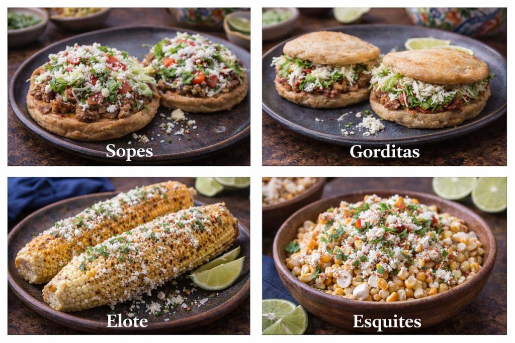 Traditional Mexican Dishes - sopes, gorditas , elote grilled corn, and esquites corn served in a bowl with toppings
