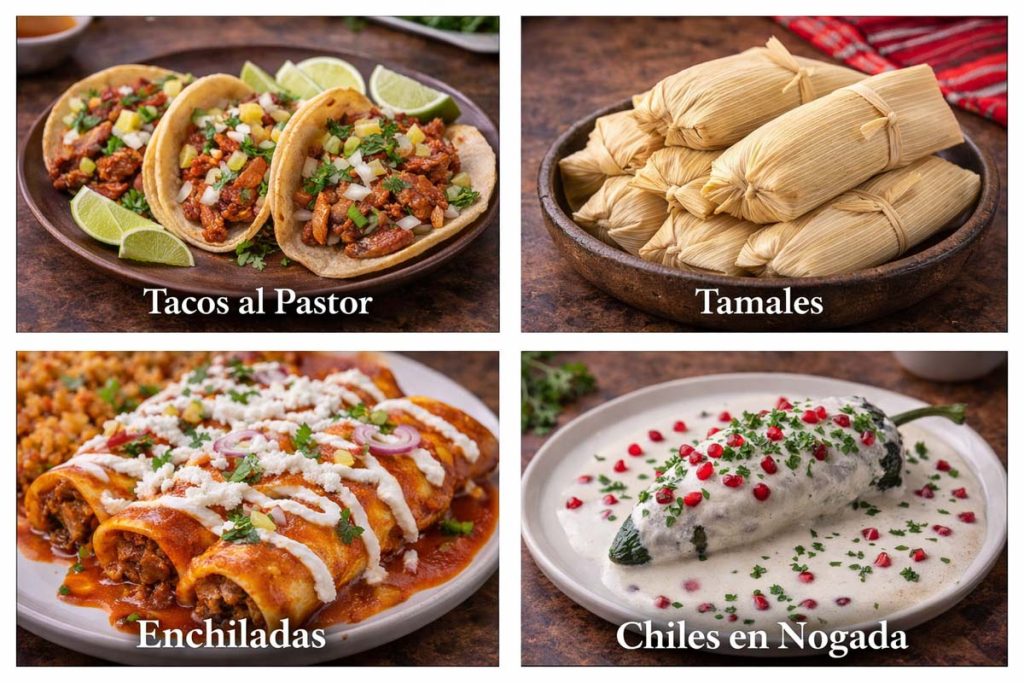 Traditional Mexican Dishes - tacos al pastor with pineapple and cilantro, tamales wrapped in corn husks, enchiladas topped with sauce and cheese, and chiles en nogada covered in walnut sauce