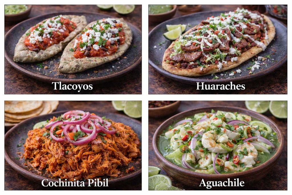 Traditional Mexican Dishes - tlacoyos filled masa cakes, huaraches oval masa base, cochinita pibil shredded pork, and aguachile shrimp