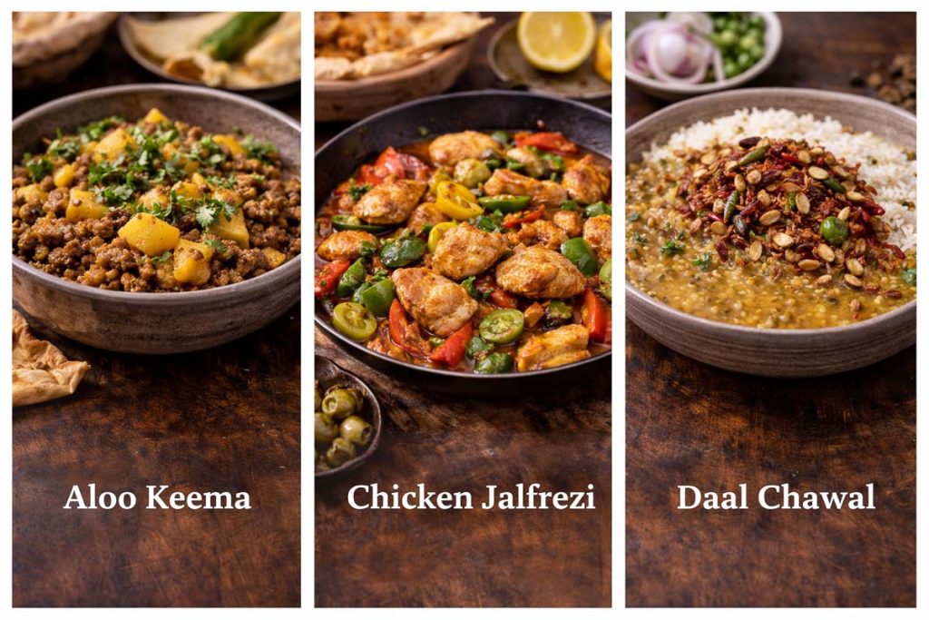 Traditional Pakistani Food - aloo keema with minced meat and potatoes, chicken jalfrezi with peppers and chicken pieces, and daal chawal with lentils over rice
