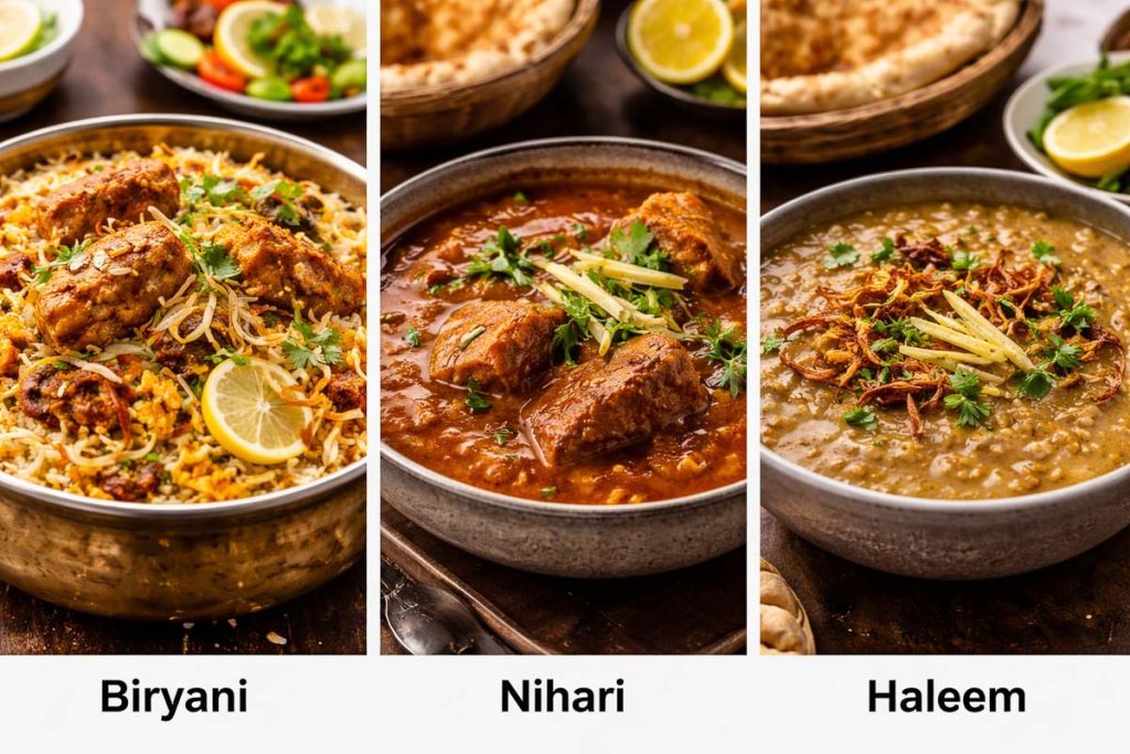 Traditional Pakistani Food - biryani rice with chicken and lemon, nihari beef stew garnished with ginger and herbs, and haleem topped with fried onions and fresh cilantro, with each dish labeled underneath
