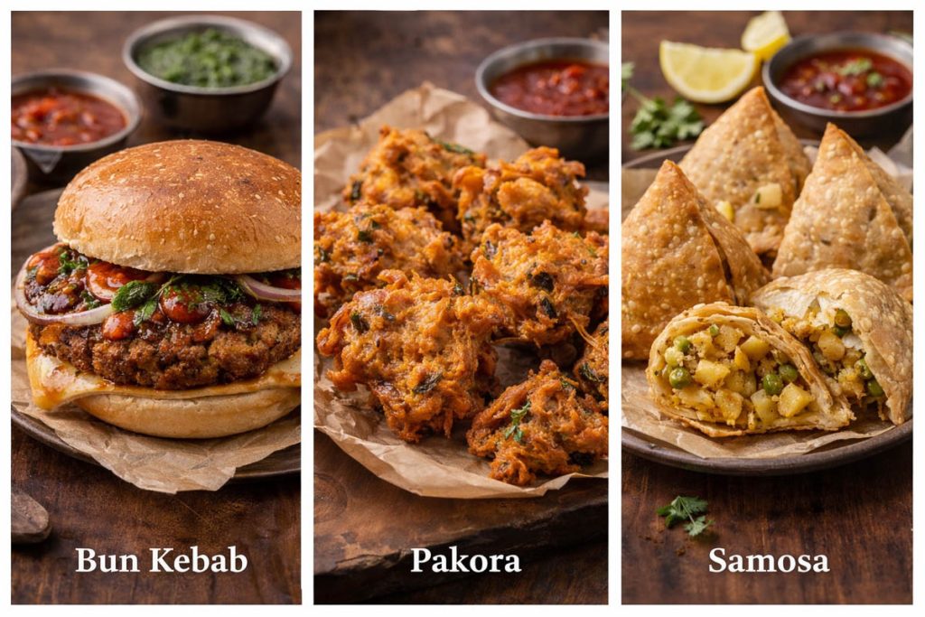 Traditional Pakistani Food -bun kebab sandwich, crispy pakora fritters, and golden samosas