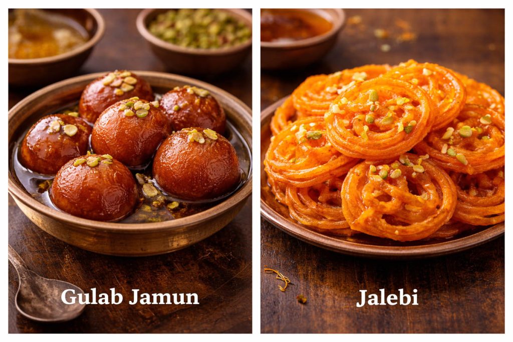 Traditional Pakistani Food -gulab jamun soaked in syrup and jalebi spirals, with each dessert labeled underneath